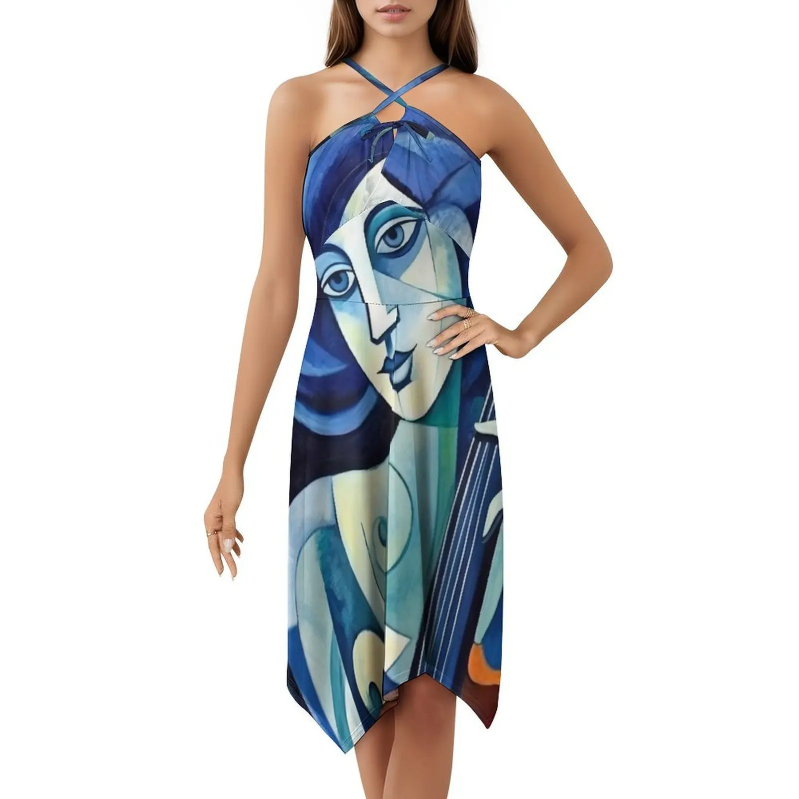 مكعب: فستان أزرق سيمفونيات في الفن الحديث للنساء للحفلات الأنيقة على شكل حرف A مع خيارات قصيرة/طويلة/بدون أكمام #5