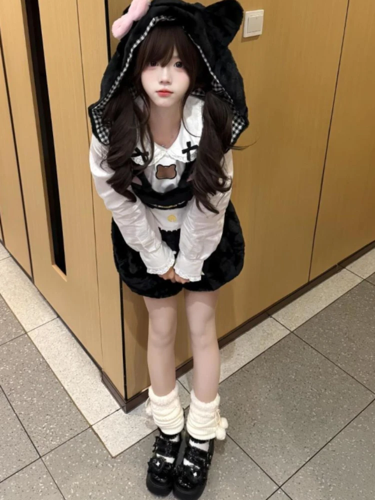 Zimowe Japońskie Słodkie Eleganckie Komplety Dwuczęściowe Damskie Y2k z Kapturem Urocze Retro Mini Spodnie Garnitur Damski Nadruk Szykowny Koreański Popularny Strój