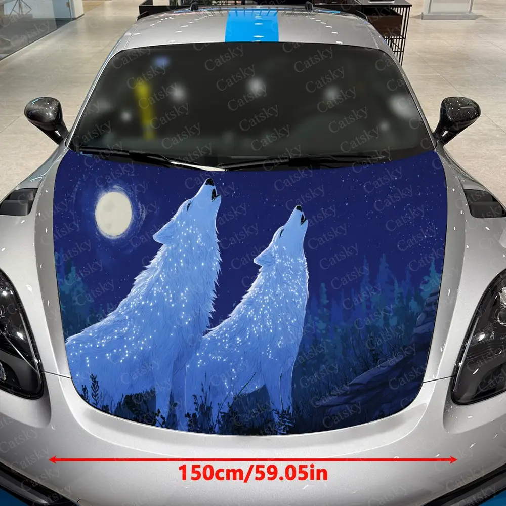 Starlight Twin Wolves Car Vinyl Wrap, PVC Waterproof Car Hood Sticker, Self-Adhesive Scratch-Resistant Stickers