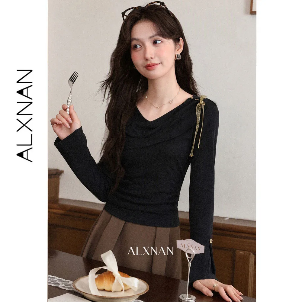 ALXNAN Red Long Sleeve T-shirt Women Autumn Slash Cowl Neck Shoulder Ruched Elegant Pullover Flared Sleeve Top Ladies DYL663118