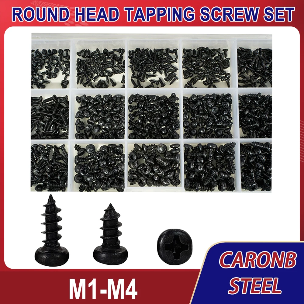 M1 M1.2 M1.4 M1.7 M2 M2.5 M3 M4 Self Tapping Black Phillips Pan Head Screw Electronic Laptop Round Small Bolt Set Assortment Kit