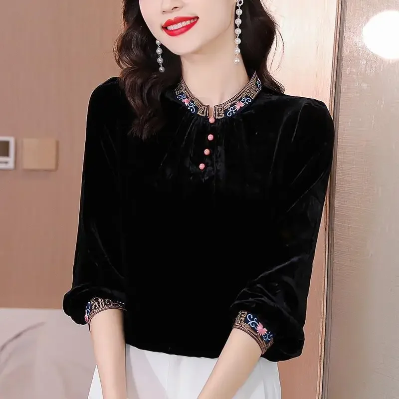 Retro Embroidery Stand Collar Shirt Women Autumn Winter High-end Velvet Tops Anti-aging Beautiful Chic Slim Looking Shirt Design