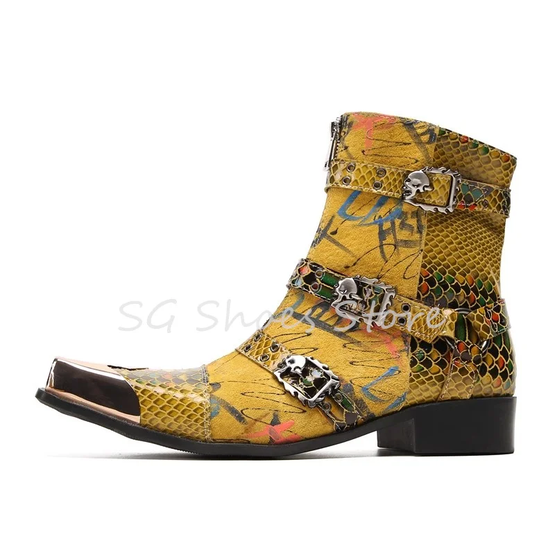 

Fashion Graffiti Prints Metal Square Toe Leather Boots for Men Belt Buckle Decor Zip Mid-Calf Boots Male Motorcycle Boots