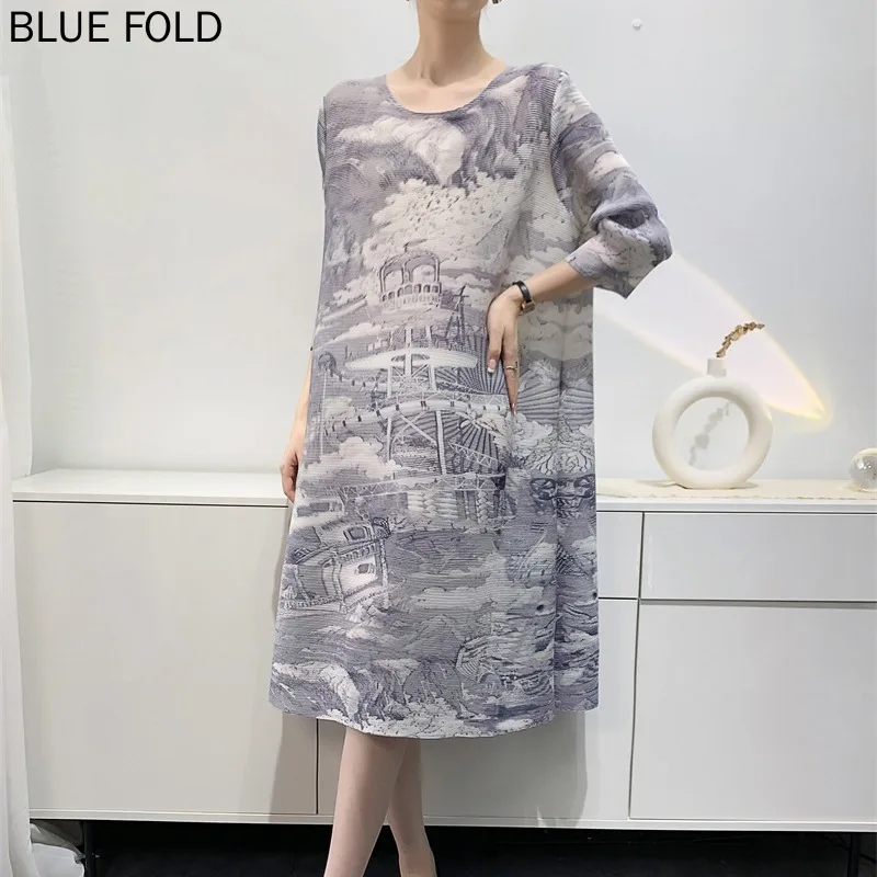 MIYAKE PLEATS-Loose Printed Pleated Dress for Women, National Trend, Cool Style, Retro, Spring and Summer, New Style