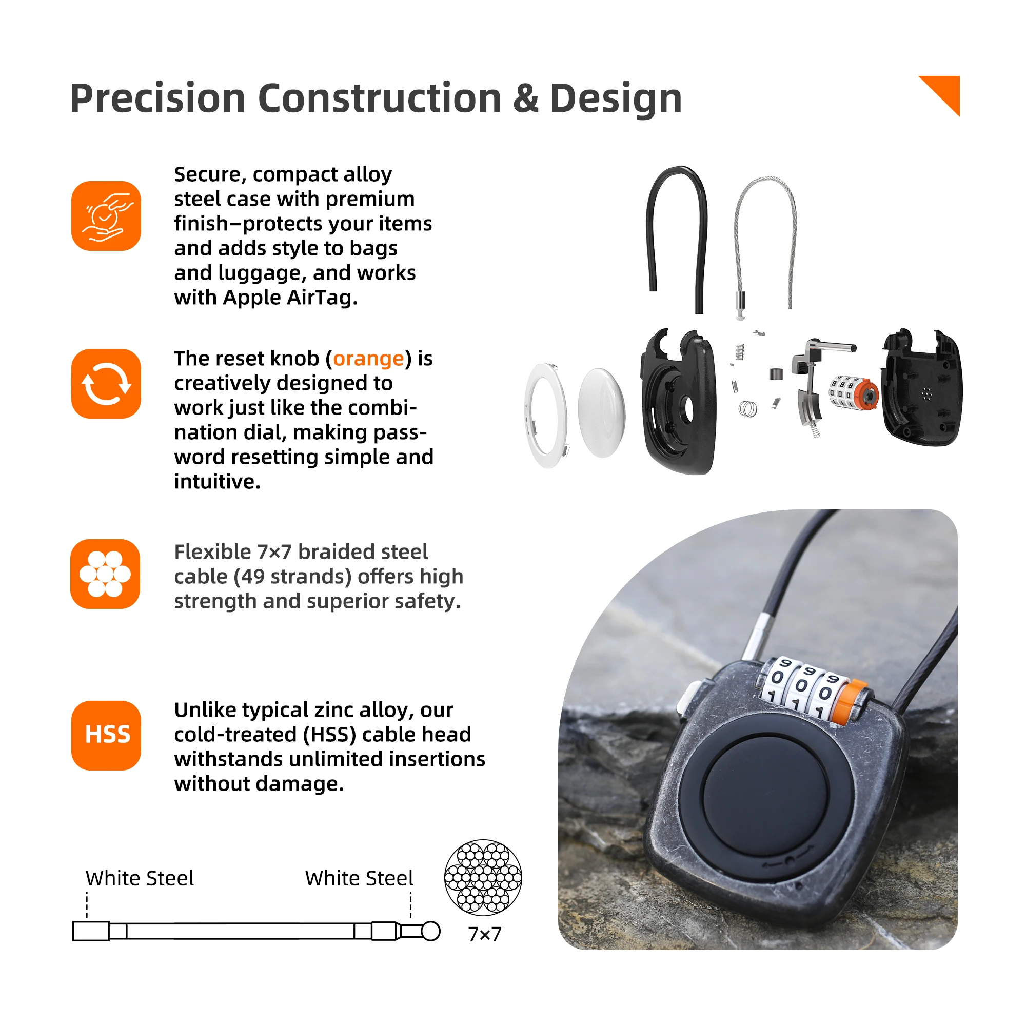 

（silver）AirTag Lock for Luggage, Backpack, Suitcase, Travel Safe, Metal GPS Tracker Case, Anti-Theft Secure Cable，with positioni