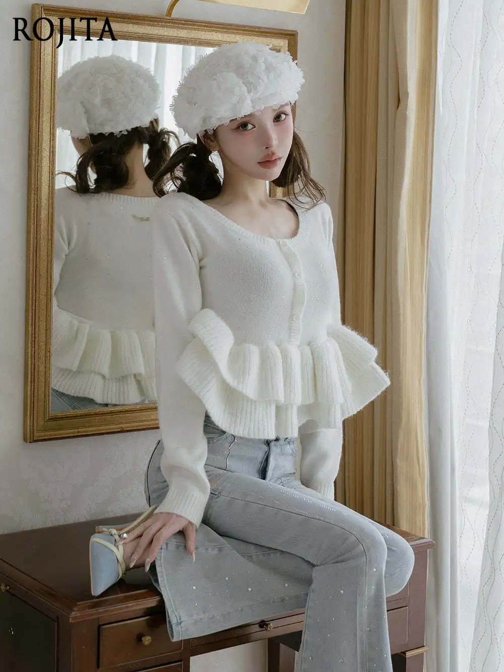 Y2K Sweet Girl Cropped Knit Cardigan Long Sleeve U‑Neck Sparkly Rhinestone Double Ruffle Hem Slim Fit Sweater