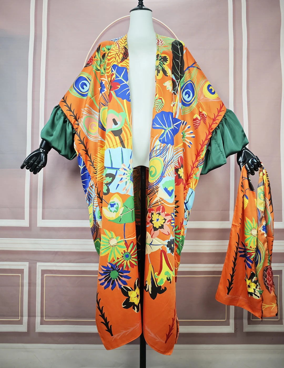 

African Women Summer Fashion 2024 Elegant Silk Floral Puff Sleeve Kimonos With Scarf Middle East Traditional Muslim Cardigans