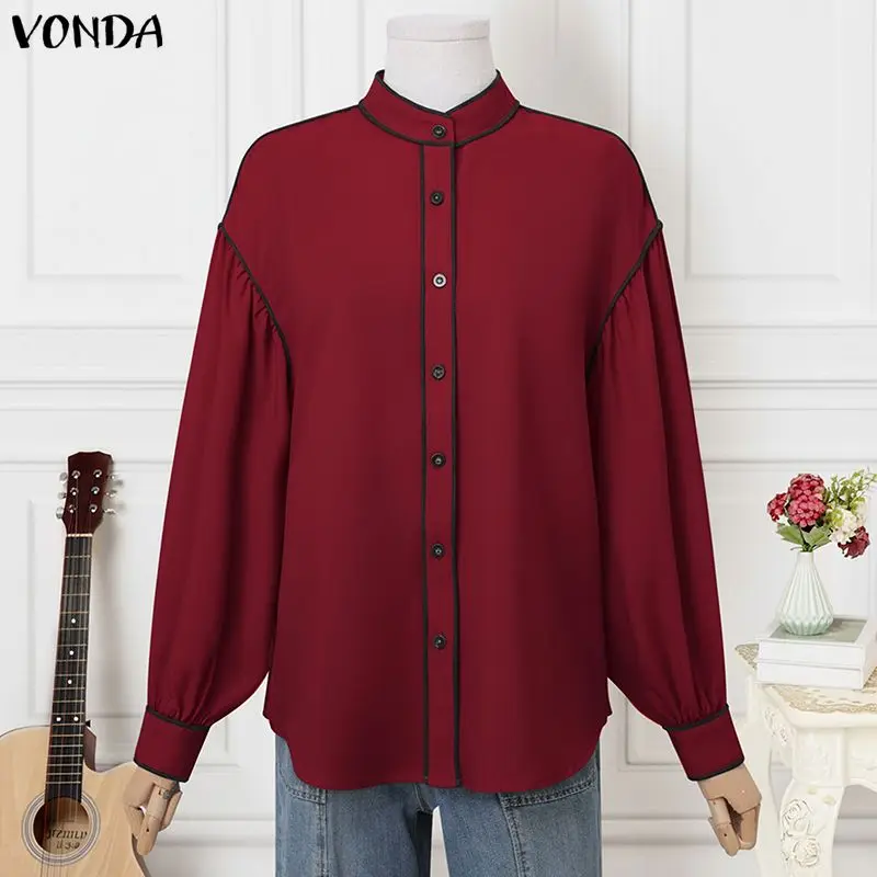 

2026 VONDA, женские модные повседневные топы в стиле пэчворк, элегантные офисные женские рубашки, весенне-осенняя блузка с длинными рукавами, уличная одежда, Blusas