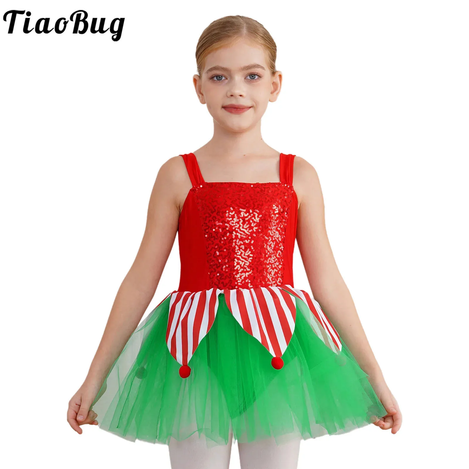 Little Girls Elf Christmas Dress Sequin Candy Cane Stripes Santa Claus Cosplay Costume Tulle Mesh Tutu Ballet Leotard Dancewear