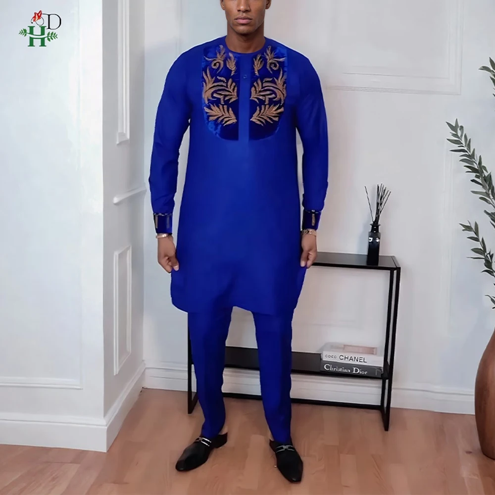 

Африканская одежда для мужчин, традиционный комплект Agbada, комплект из 2 предметов, синяя рубашка Thobe Dashiki, комплект брюк, вышитые костюмы для свадебной вечеринки, большие размеры