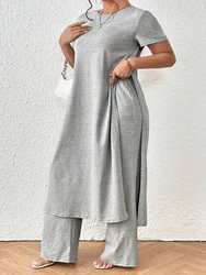 Spring and Summer Plus Size Suit Pullover Loose Waist Elegant Work Clothing Round Neck Short-Sleeved Pure Color Suit