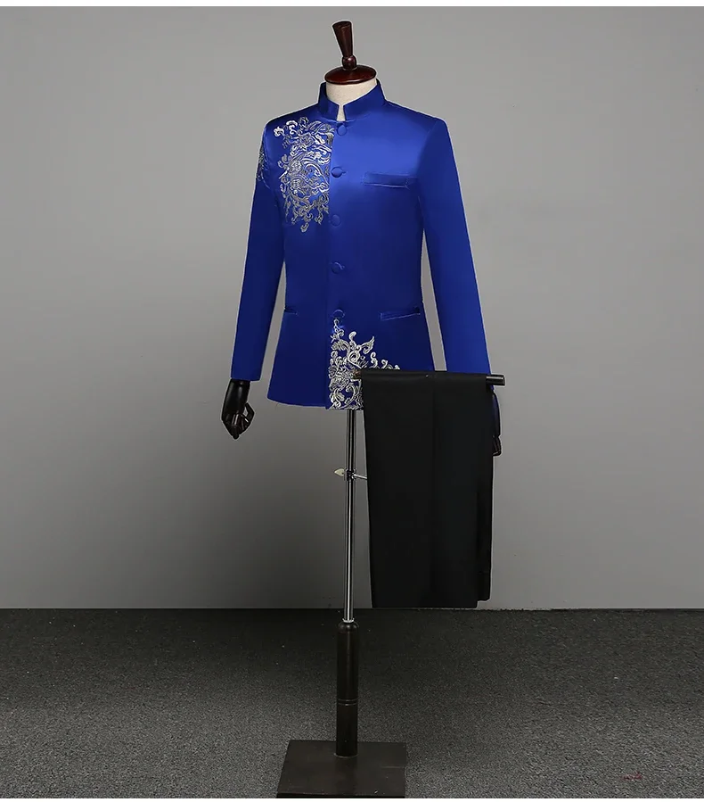 

Multicolor Fashion Chinese Tunic Suit Embroidered Formal Costumes Stand Collar Moderator Chorus Performance Clothes Costumes