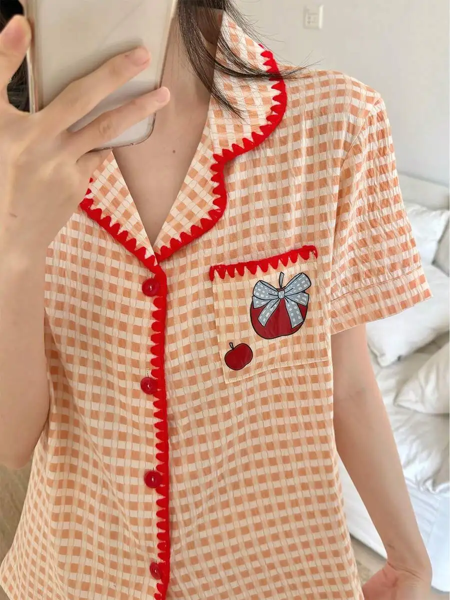 

Womens Orange Plaid Print Short Sleeve Sleep Top With Red Trim
