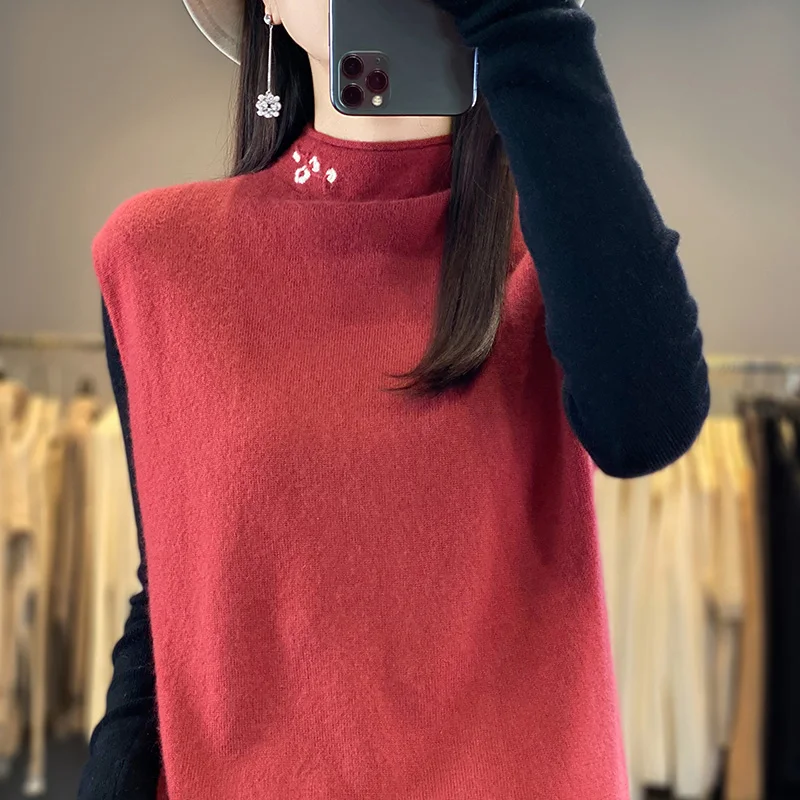 Gilet in Cashmere da donna, ricamato, collo Semi-alto, Top senza maniche, sciolto e sottile, gilet in maglia di lana, autunno e inverno