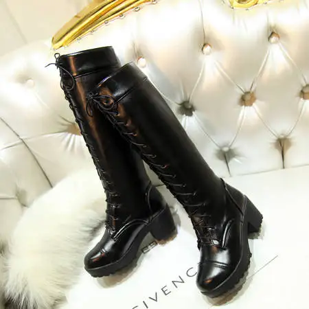 Hot Sale Spring Autumn Lacing Knee High Boots Women Fashion White Square Heel Woman Leather Shoes Winter PU Large Size 43