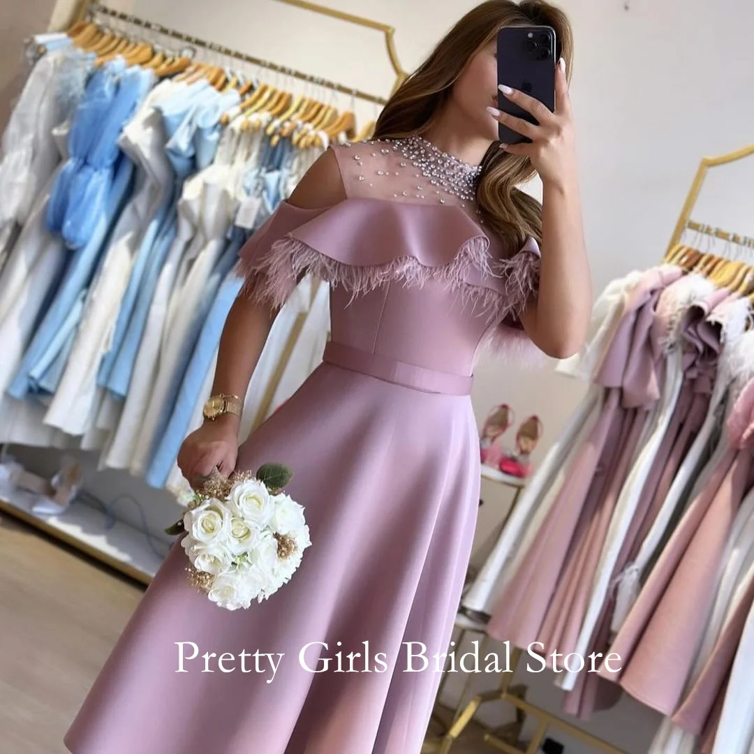 2024 Fashion Style Arabic Morden Customized Pink Feathers Evening Dresses Formal Beading  Prom Growns Party Women Bride