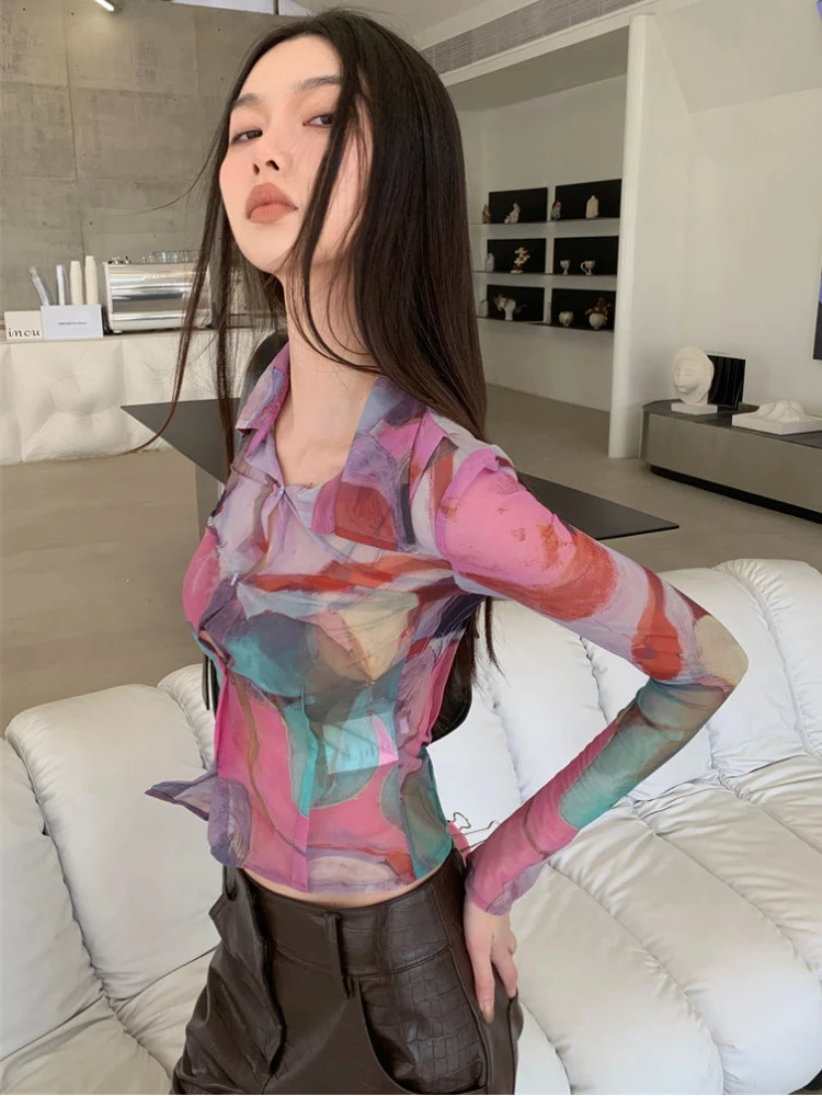 Shirts Women Design Slim Fashion All-match Vintage Ladies American Style Sexy Summer Print Daily Turn-down Collar Elegant Cozy