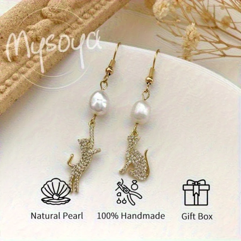 

MYSOYA серьги с пресноводным жемчугом в стиле барокко, асимметричные серьги с изображением кота, серьги-капли с жемчугом и подарочной коробкой, подарок на день рождения, свадьбу для нее