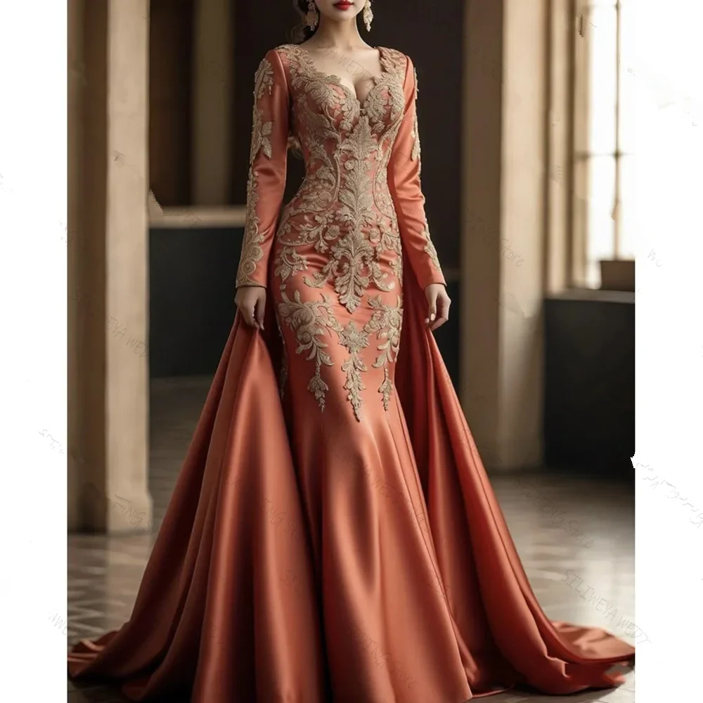 

Long Sleeve Mermaid Evening Formal Dresses with Detachable Train Lace Applique Saudi Arabic Customsized Prom Gown Outfit