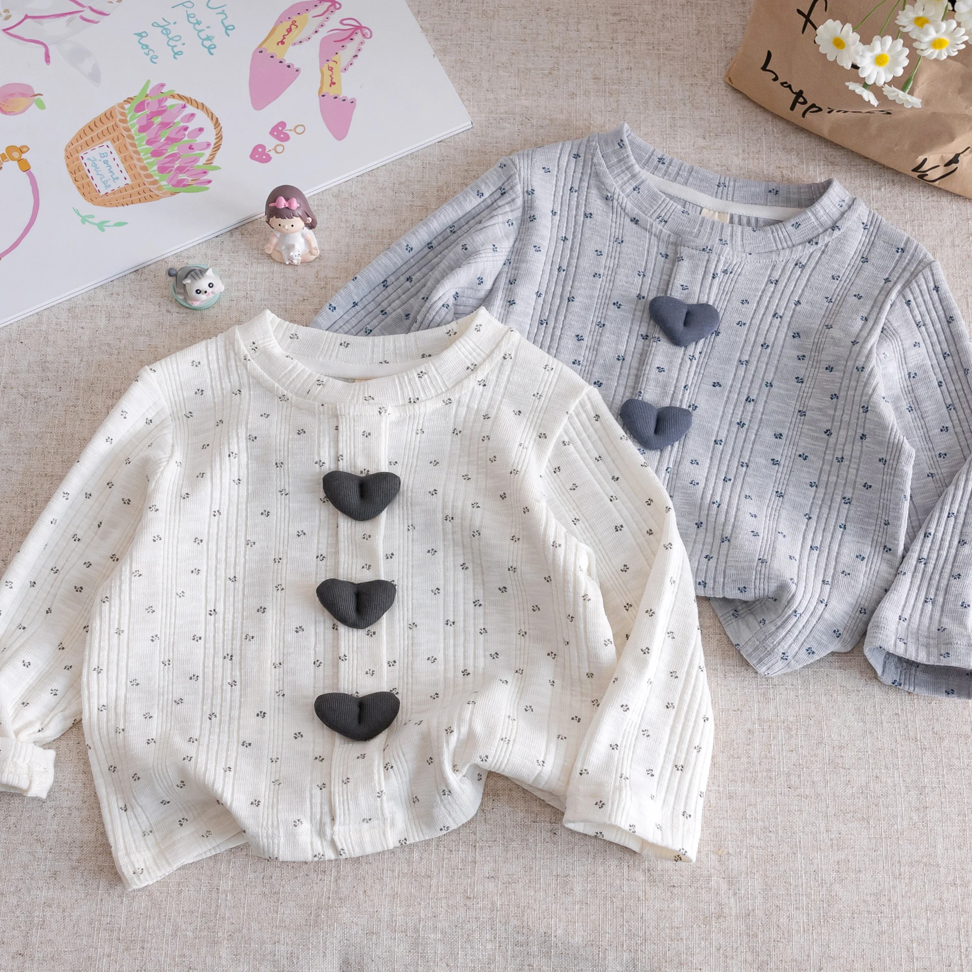 Autumn Girls' Love Cotton T-shirt Baby Girls Bow Print Long Sleeve Top Korean Children's Spring Autumn Thin Base Shirt
