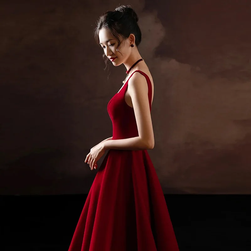 

Wine Red Spaghetti Strap Evening Dress French Simple Square Collar Engagement Gown Elegant Backless A-line Ankle-Length Dresses