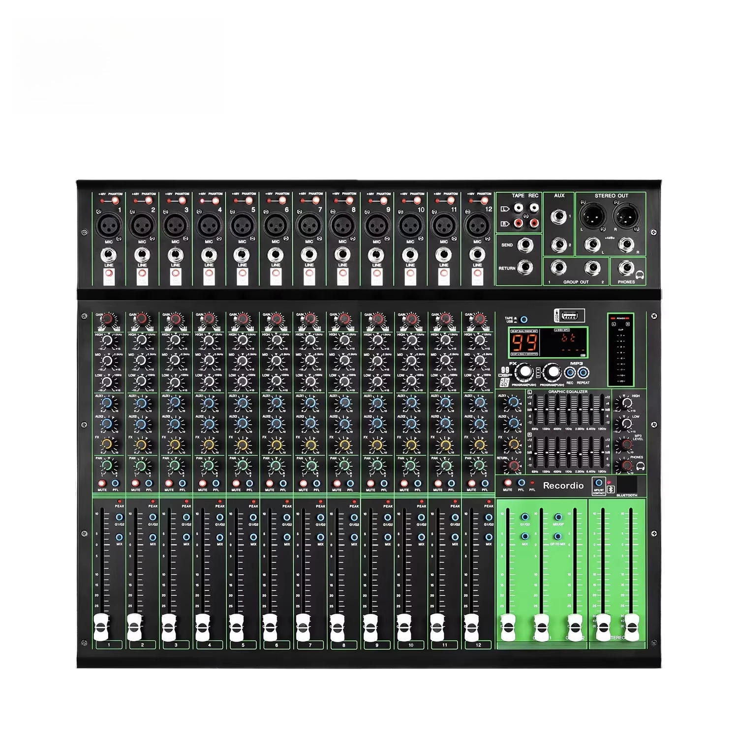 

GAX-PK12 12-канальный профессиональный аудиомикшер с 99 DSP-эффектами Blueteeth USB и 7-полосным эквалайзером для сцены и КТВ