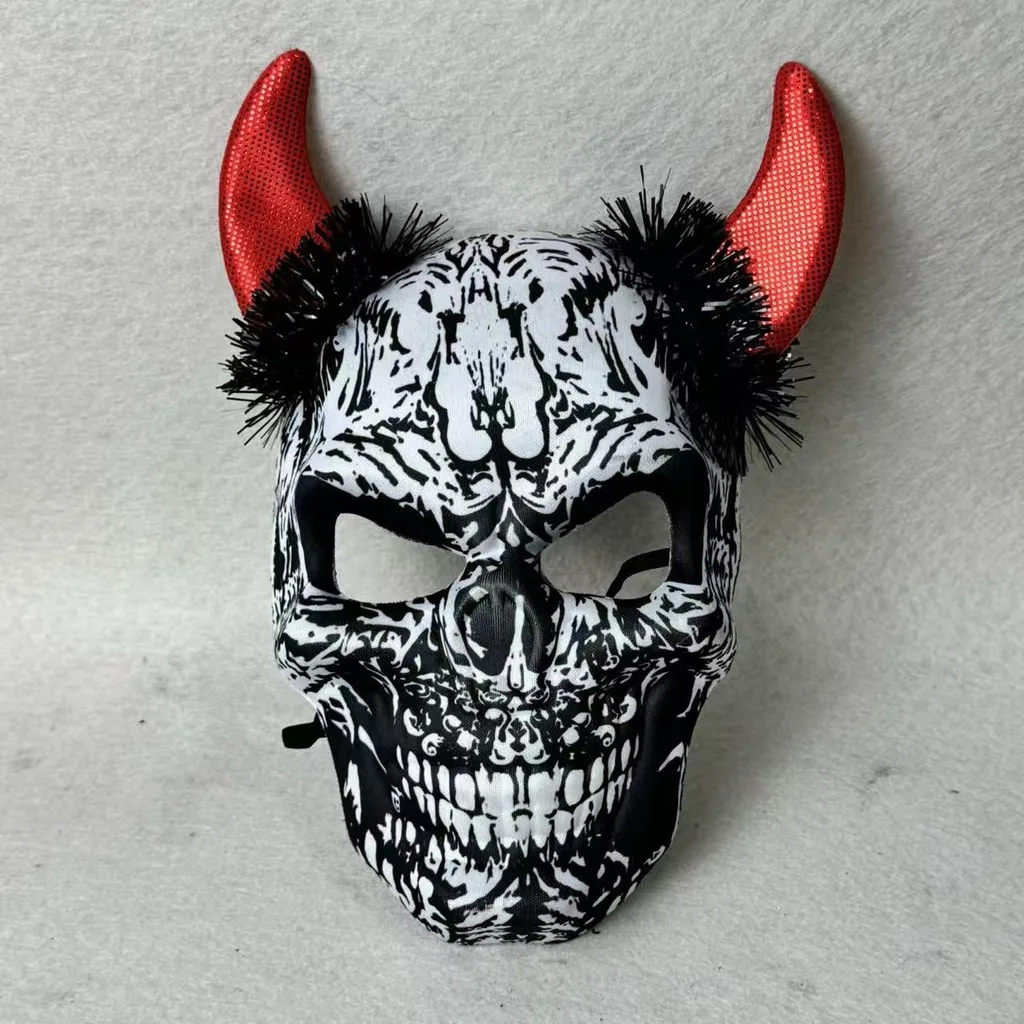Halloween Skull Mask Devil Horns Sequin Face Cover Horror Demon Cosplay Headwear Party Costume Accessories Masquerade Props