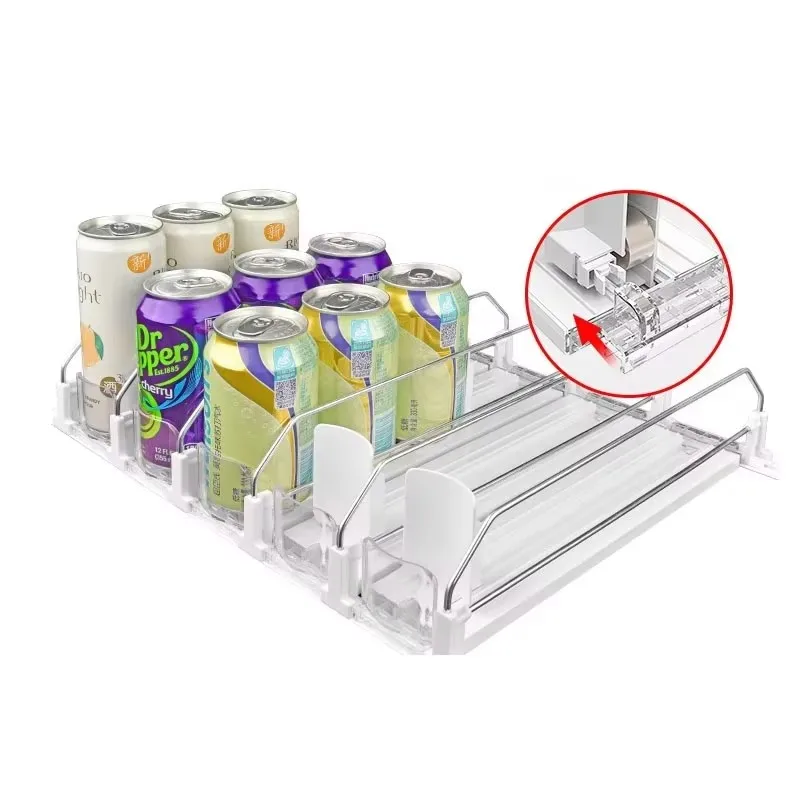 Getränke-Organizer, Spender, Federdruckkanne, Regaldieber, verstellbare Breite, Soda-Dose, Flaschenschieber, E-förmiger Gleitmittel für Küche, Kühlschrank