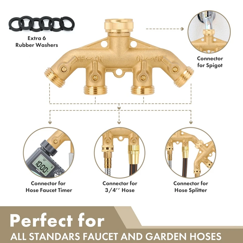 Star 4 Way Heavy Duty Brass Garden Hose Splitter,3/4Inch Garden Hose Fitting Quick Connectors Female And Male,For Garden