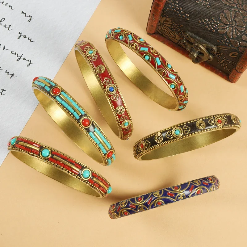 Vintage Tibetan Style Bangles for Women Men Inlaid Turquoise Jewelry Handmade Pure Copper Bracelets Exotic Ethnic Accessories