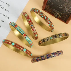 Vintage Tibetan Style Bangles for Women Men Inlaid Turquoise Jewelry Handmade Pure Copper Bracelets Exotic Ethnic Accessories