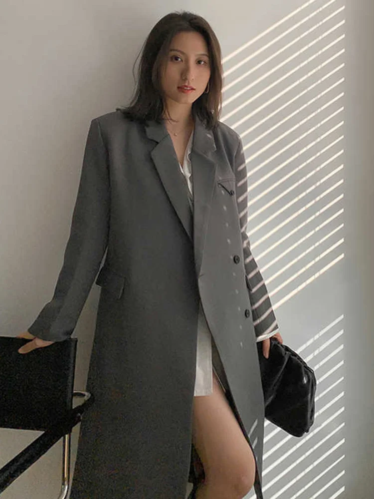 

Women Pockets Gray Long Big Size Blazer New Notched Long Sleeve Loose Fit Jacket Fashion Tide Spring Autumn 2022