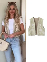 TRAF 2024 Sleeveless Embroidered Vest Women Vintage Boho Vest Woman Summer Cropped Jacket Waistcoat Women Cardigan