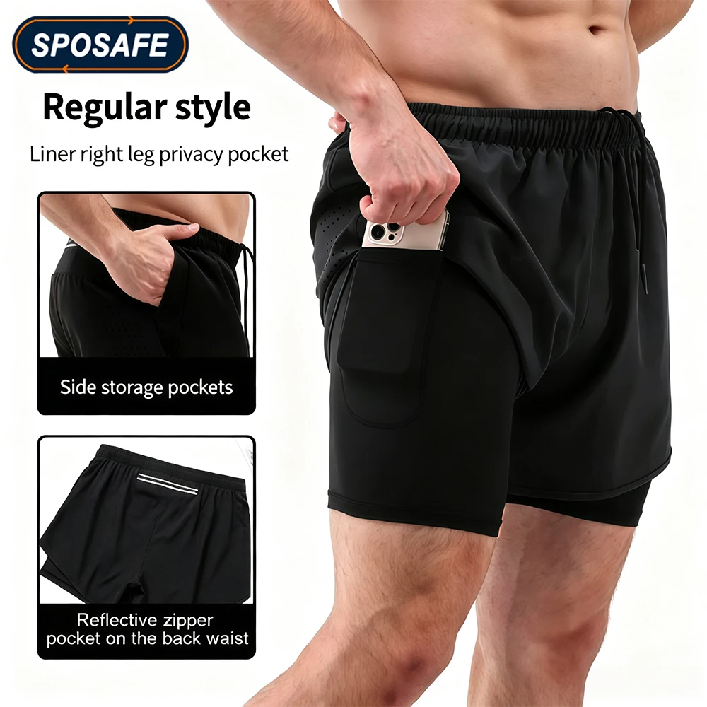 1 Stück Herren 2-in-1 Laufshorts Schnelltrocknende Sportshorts mit Kompressions-Innenhose, Workout Fitness-Shorts mit Reißverschlusstaschen