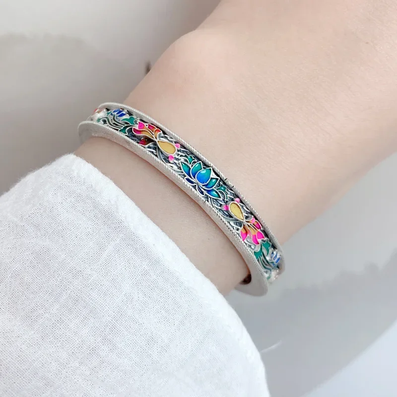 

Chinese Style 999 Pure Silver Colorful Fish Lotus Cuff Bracelet Women Vintage Ethnic Enamel Opening Bangle Hand Jewelry SL102