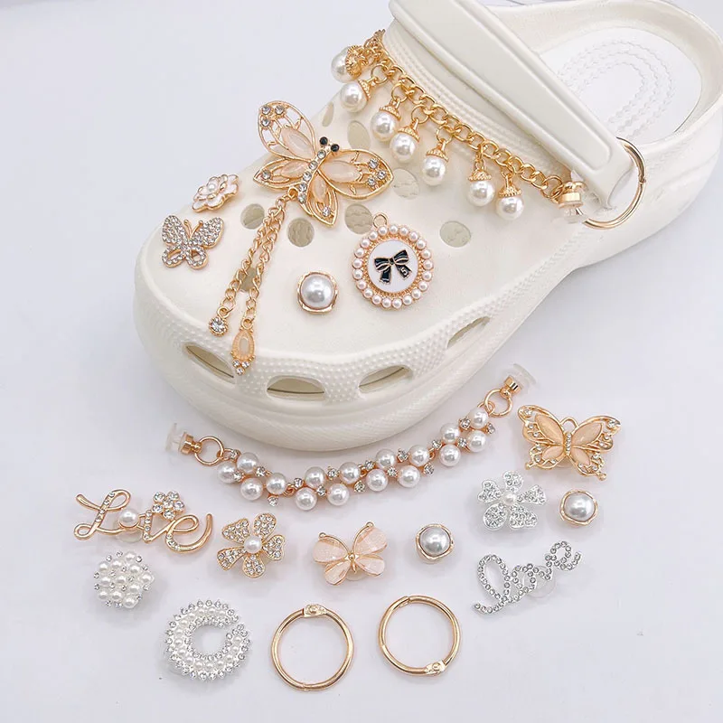 rhinestone pearl-monuted lot shoe charm decoration accessories gold butterfly 2pcs chain for clog dress pins woman unisex gift