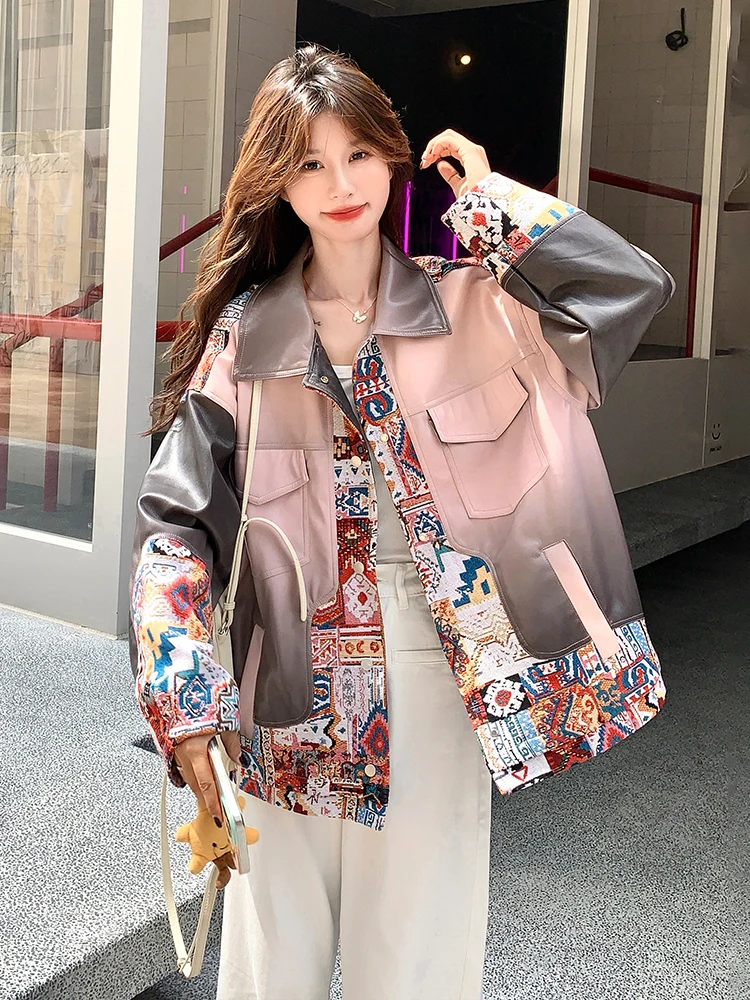 2025 Spring and Autumn New Pink Ethnic Print Leather Jacket Green Long Sleeve Turn-down Collar Loose Casual Leather Jacket