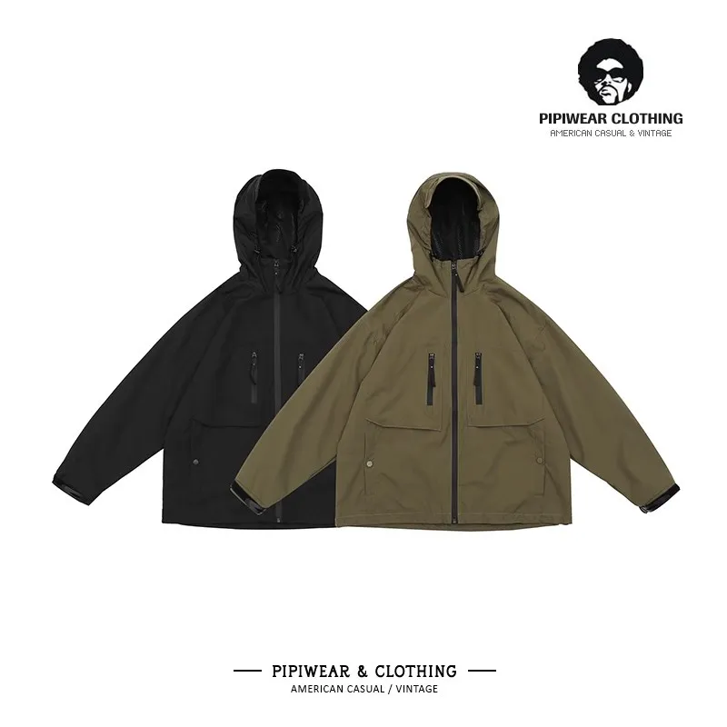 Outdoor Men's Jacket Autumn Season Zipper Pocket Hooded Windbreaker Spring Autumn Style Retro Japanese Design Polyester Fabric