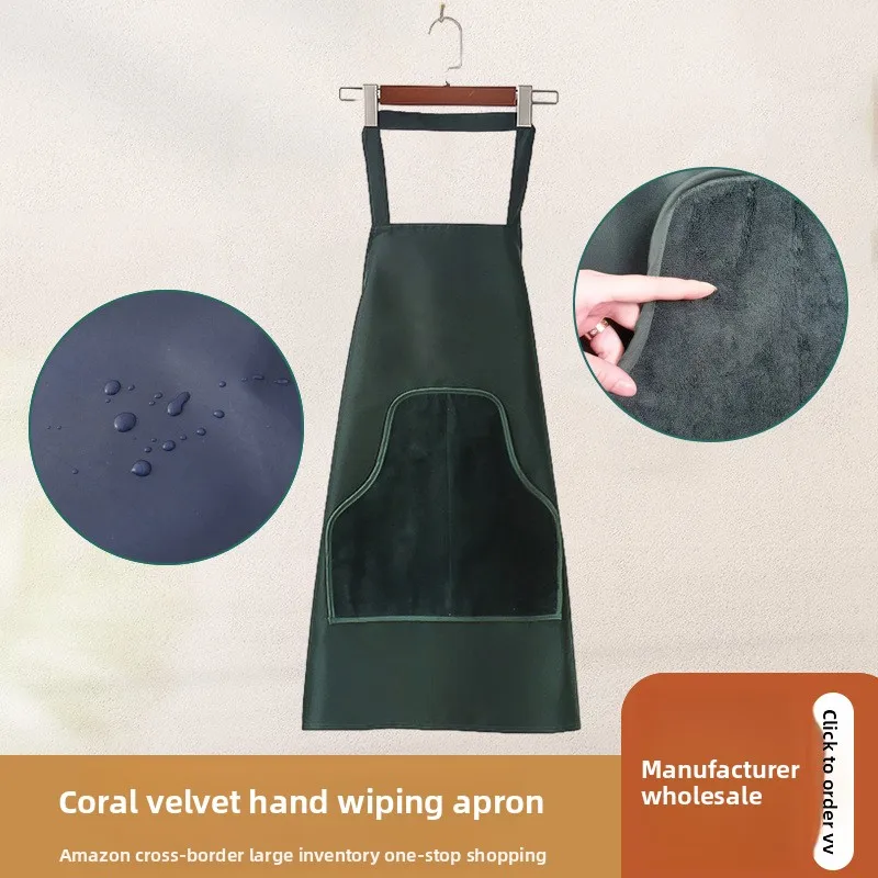 Thickened Waterproof Oil Proof Lace Up Adjustable Smock Apron for Kitchen Cooking Household Catering Work with Hand Wipe