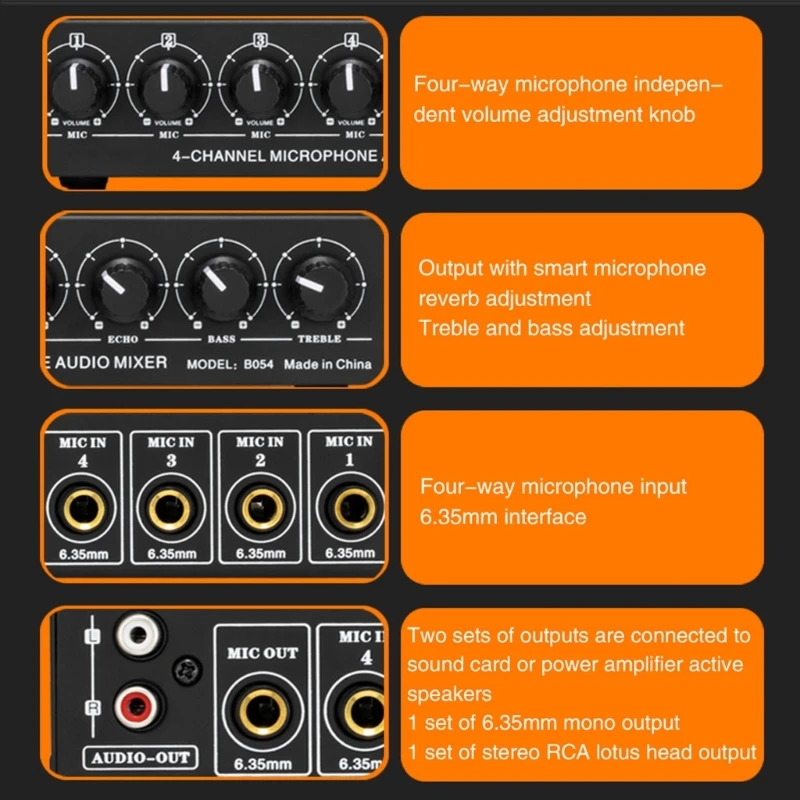 4 Way Stereoed Sound Mixer Support Treble Bass Adjustment with Reverberation