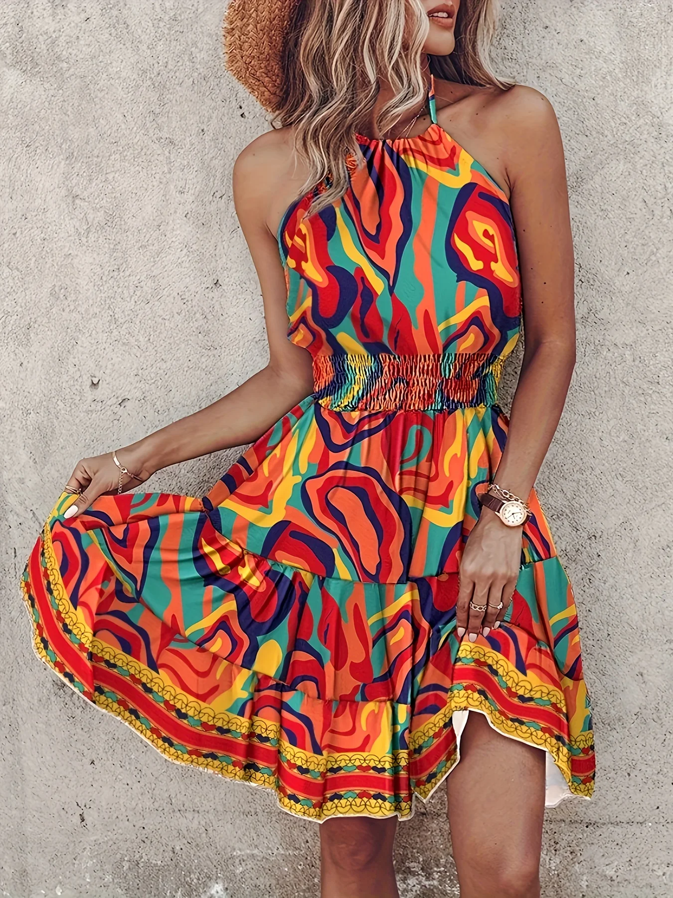 Plus Size 2024 Fashion Casual Vacation Women\'s Dress Elegant Sexy Off the Shoulder Halter Strap High Waist A-line Mini Dress