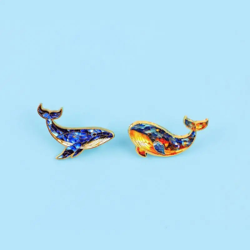 Enamel Whale Brooch Pins Colorful Mosaic Pattern Golden Edge Trim For Backpack Jackets Ocean Lover Gifts
