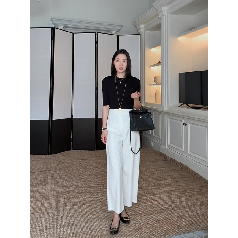 

Co99 Pure Cotton Knitted Slimming Straight Leg Wide Leg Pants Simple Base Layer Shirt New Versatile Top Commute Style Women's...