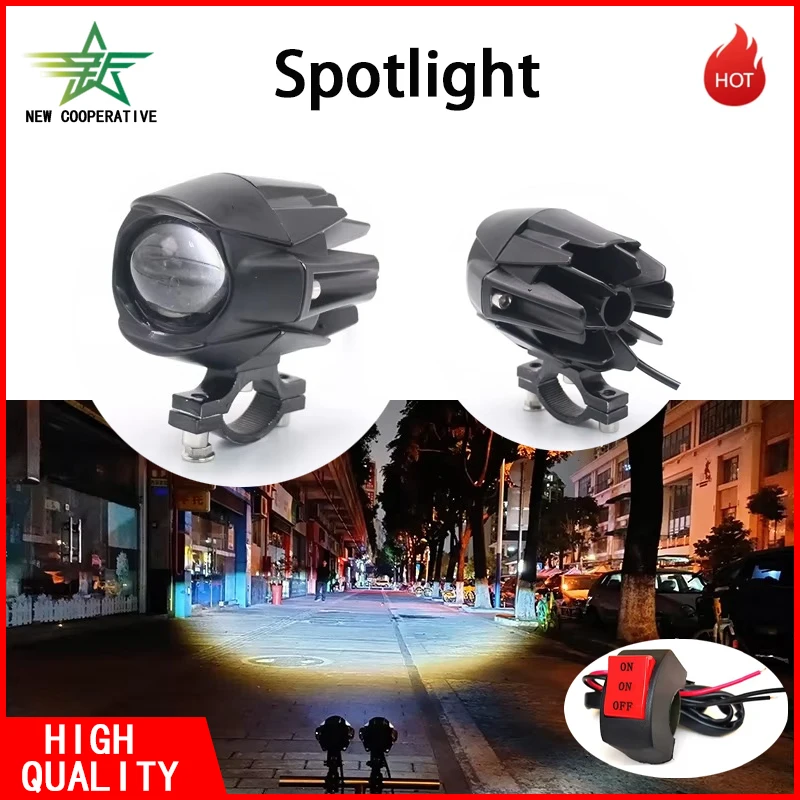 60W Motorcycle LED Auxiliary Lights Hi/Lo Beam Dual Color Spotlights Waterproof Driving Lamps For Motorbike ATV Off-road