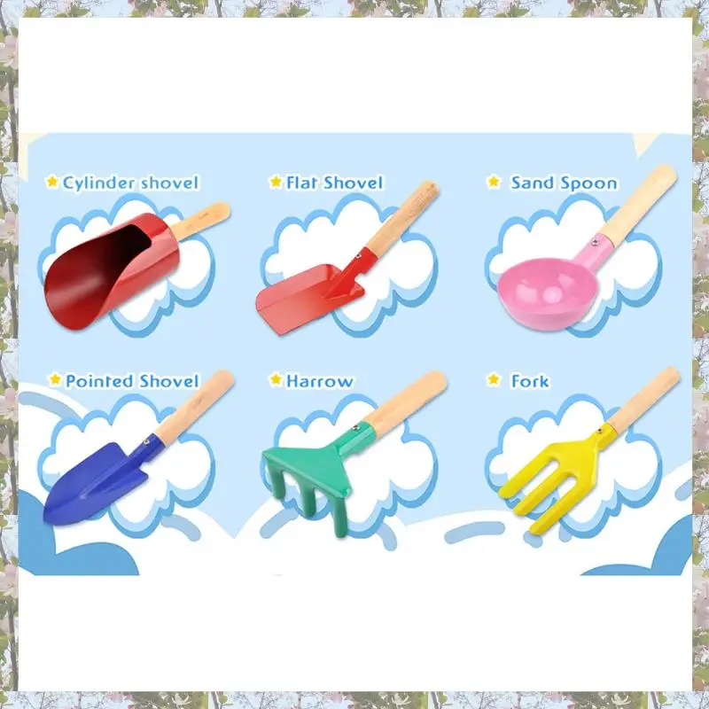 T84C-Gardening Set Metal Garden Tools With Sturdy Wooden Handle,Safe Kids Shovel With Cylinder, Spoon, Fork, Rake