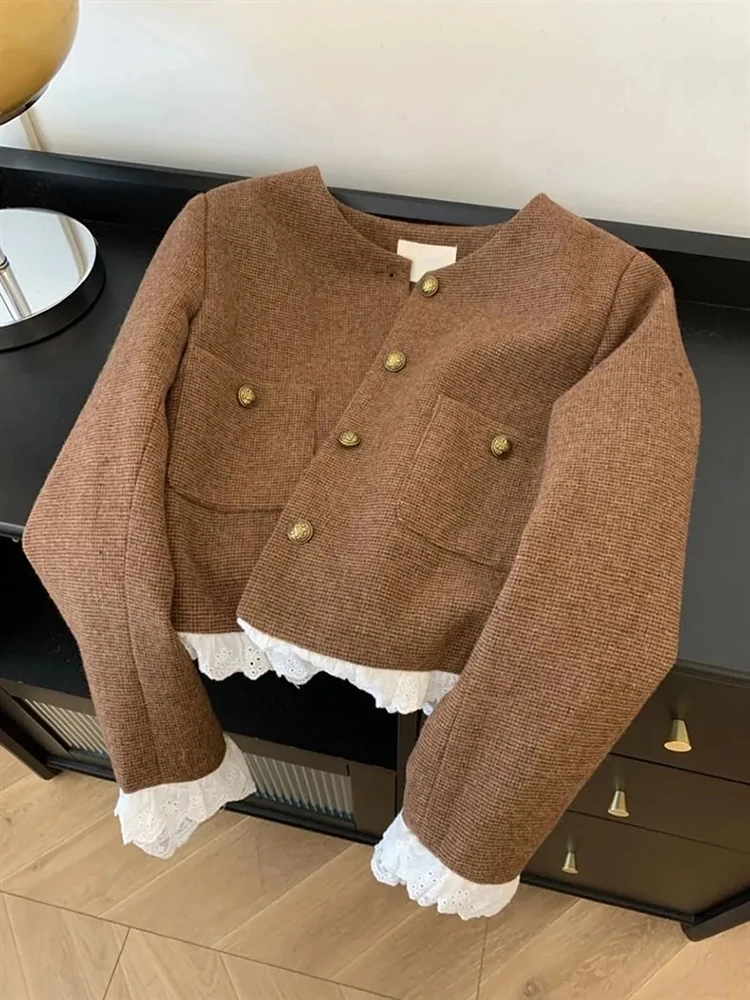 

French Elegant Women Jacket Lace Patchwork Chic Small Fragrance Button Jackets Mature Style Office Lady Aesthetic Casual Coat