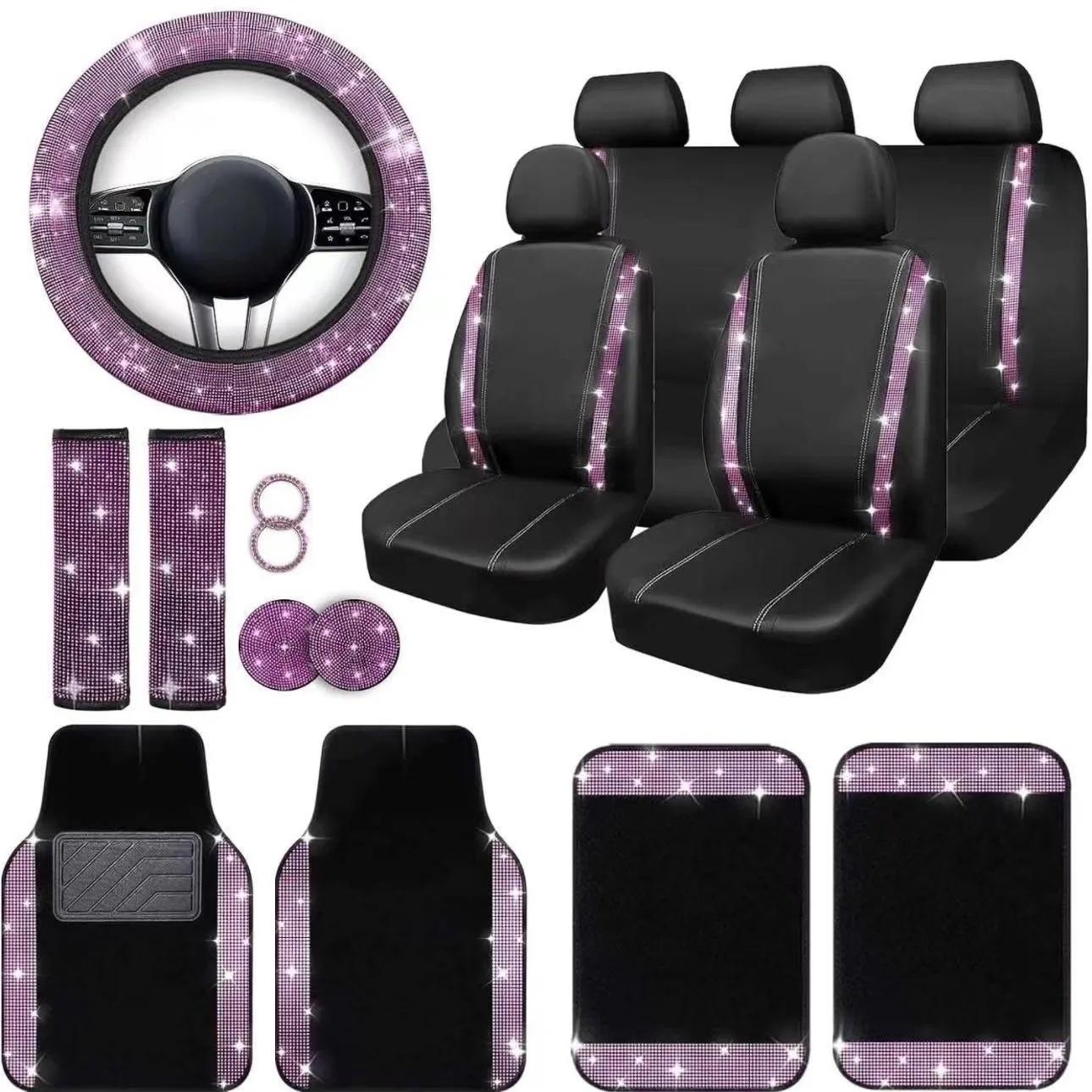 20 PCS Bling Car Accessories Set for Women, Leather Car Seat Covers Full Set Rhinestone15'' Steering Wheel Covers Diamond Sets