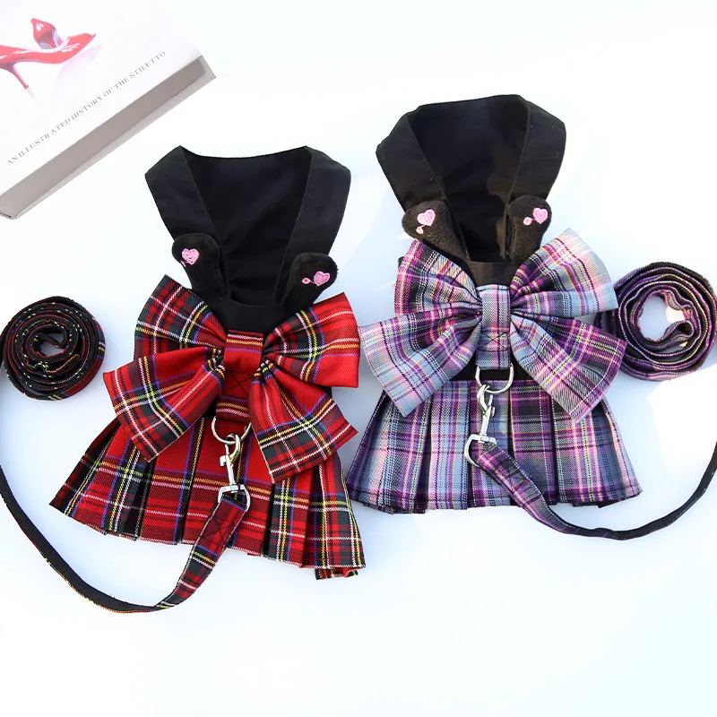 Plaid Dog Dress Bow Tie Harness Leash Set  for Summer Clothes for Bunny Rabbit Cat Clothes Yorkie Chihuahua Training Walking