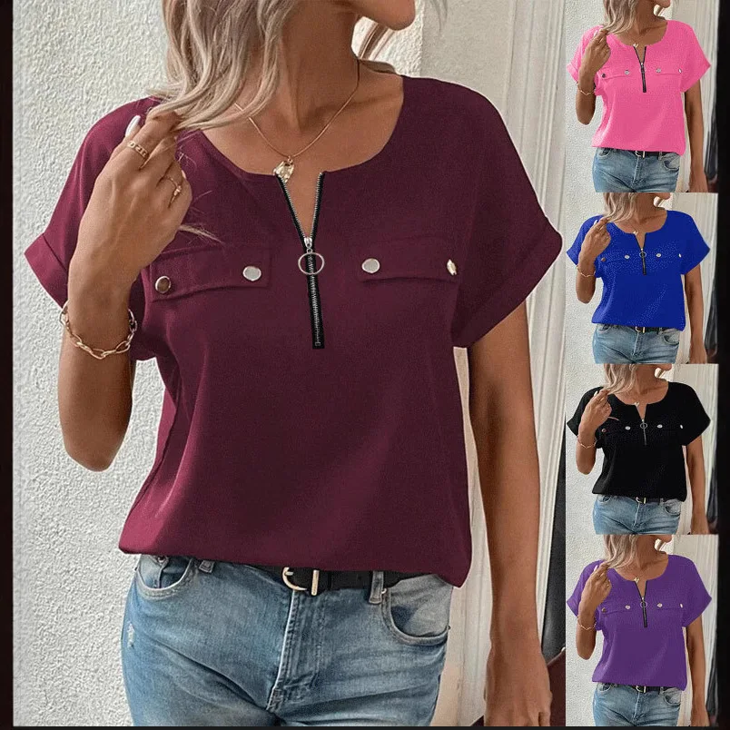 Pullover T Shirts Summer Women Tops O Neck Zipper Splicing Button False Pockets Tops Casual Solid Short Sleeve Women's Clothing