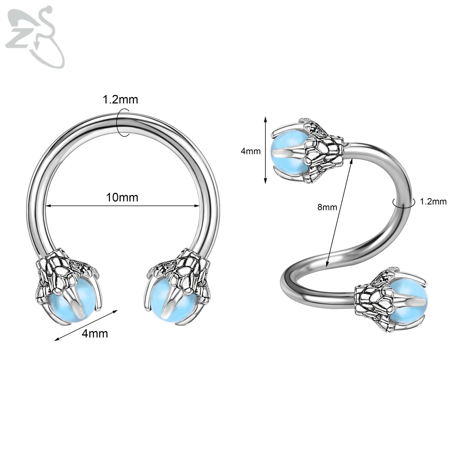 ZS 1 Piece 16G Stainless Steel Opalite Dragon Nose Ring Horseshoes Nariz Piercing S-Shape Ear Cartilage Helix Piercings Jewelry